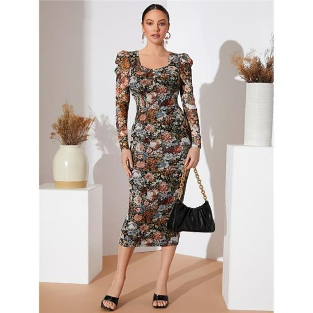 Women's Boho Floral Lace Stretch Bodycon Dress Hawaiian Sweetheart Neck Dress, M - Picture 2 of 6